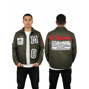 Members Only‎ x Keith Haring Embroidered Patchwork Coach Jacket Olive M NWT